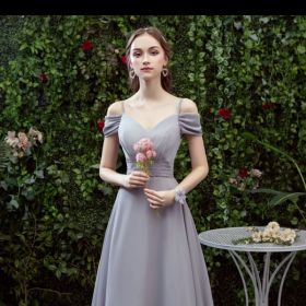 Bridesmaid Long Gray Bridesmaid Sisters Wedding Slimming Off-shoulder Banquet Dress (Option: Gray D-2XL)